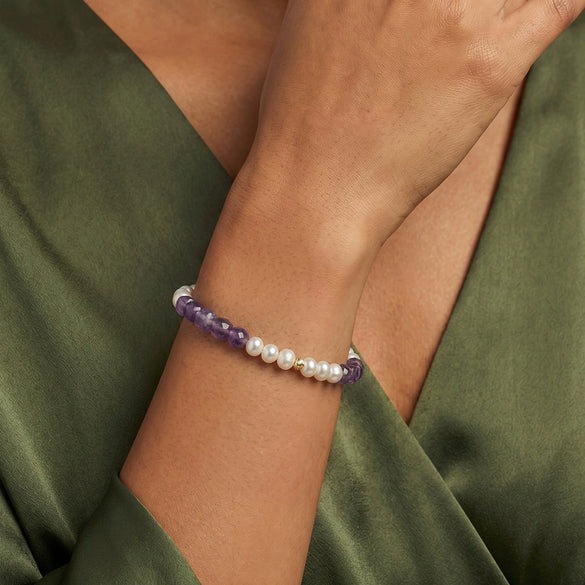 Wholesale Simple Geometric Silver Electroplated Freshwater Pearl And Natural Amethyst Bracelet For Women Highend Jewelry New Style