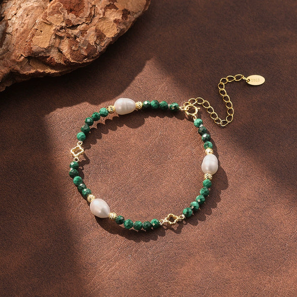 Wholesale Simple Geometric Silver Electroplated Freshwater Pearl Crystal Natural Stone Lapis Lazuli Malachite Bracelet For Women