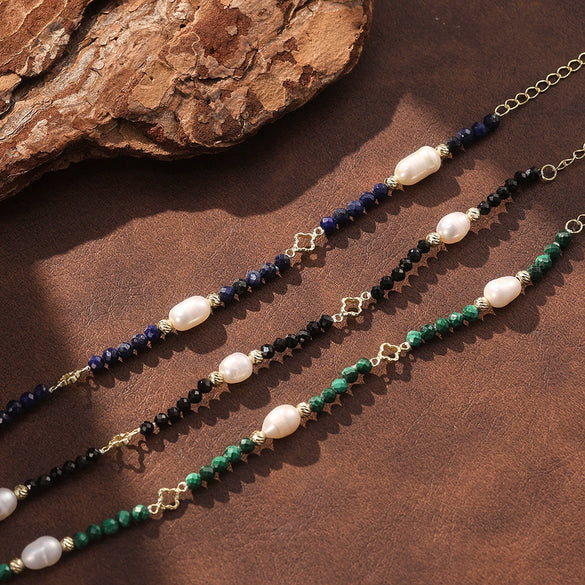 Wholesale Simple Geometric Silver Electroplated Freshwater Pearl Crystal Natural Stone Lapis Lazuli Malachite Bracelet For Women