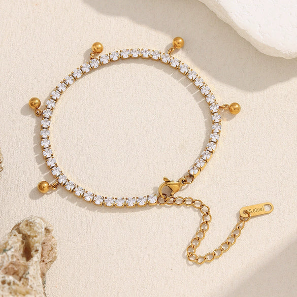 Wholesale Simple Geometric Stainless Steel And Titanium Steel 18K Gold Plated Zircon Ball Tassel Necklace And Bracelet Set For Women