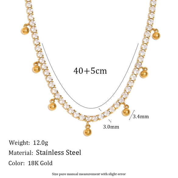 Wholesale Simple Geometric Stainless Steel And Titanium Steel 18K Gold Plated Zircon Ball Tassel Necklace And Bracelet Set For Women