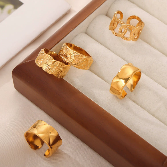 Wholesale Simple Geometric Texture Titanium Steel Gold Plated Wide Open Ring For Unisex