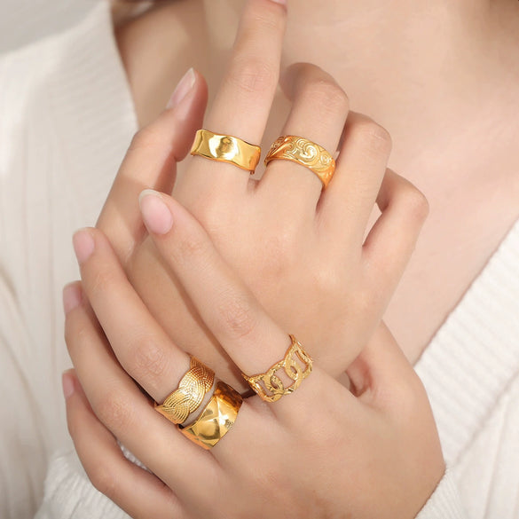 Wholesale Simple Geometric Texture Titanium Steel Gold Plated Wide Open Ring For Unisex