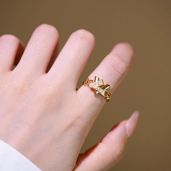 Wholesale Simple Gold Plated Copper Xshaped Micropaved Zircon Rivet Bracelet Ring Set With Letter Number Text Pattern For Unisex In Light Luxury Style