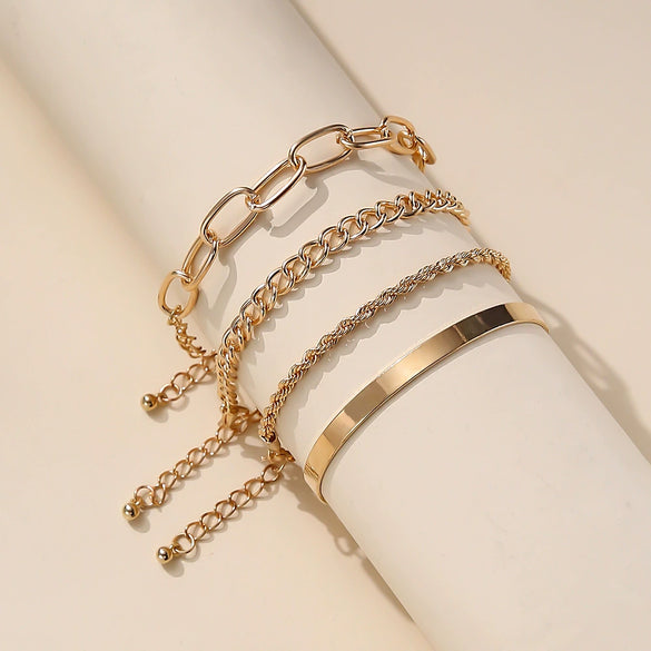 Wholesale Simple Gold Thick Chain Bracelet Set Alloy Geometric Stacking Style Electroplated 4Piece Unisex Bracelet Set