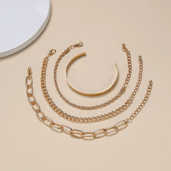 Wholesale Simple Gold Thick Chain Bracelet Set Alloy Geometric Stacking Style Electroplated 4Piece Unisex Bracelet Set