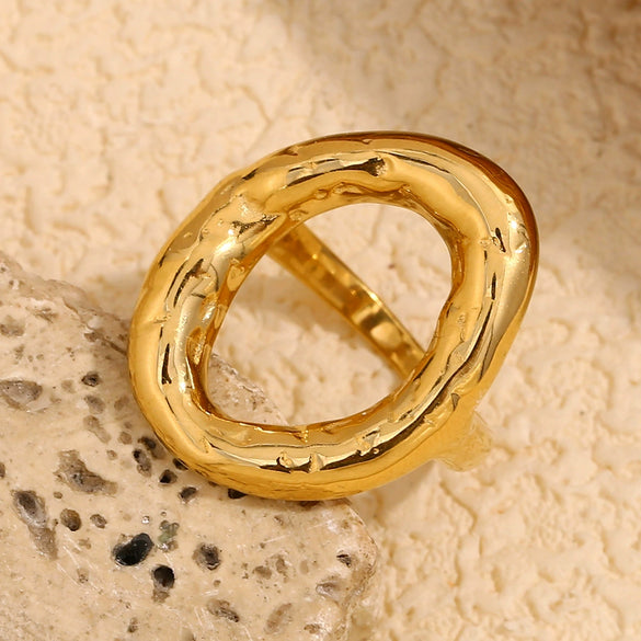 Wholesale Simple Hammer Patterned Geometric Stainless Steel 18K Gold Plated Irregular Ring For Women
