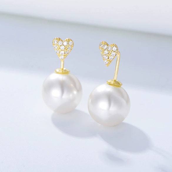 Wholesale Simple Heartshaped Diamondset Pearl Earrings For Women Made Of 925 Sterling Silver