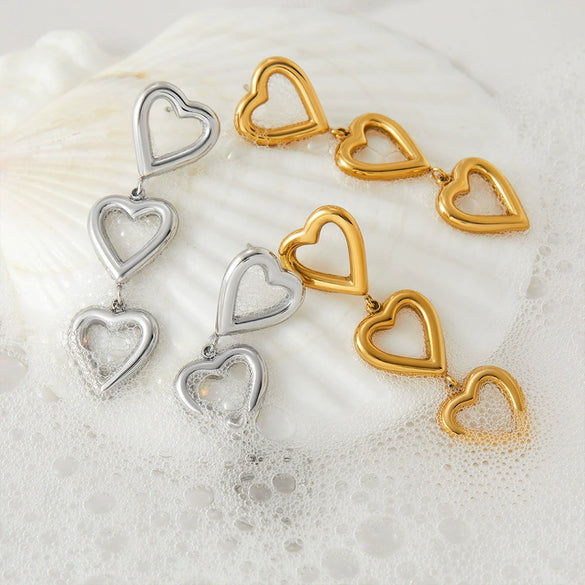 Wholesale Simple Heartshaped Stainless Steel Earrings With Long Tassel And Electroplating Design For Women