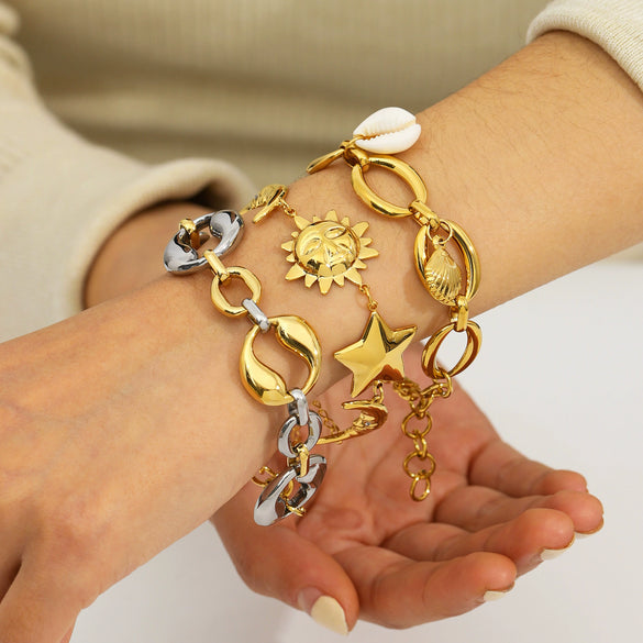Wholesale Simple Irregular Geometric Heart Fivepointed Star Moon Pendant 18K Vacuum Plated Stainless Steel Unisex Bracelet