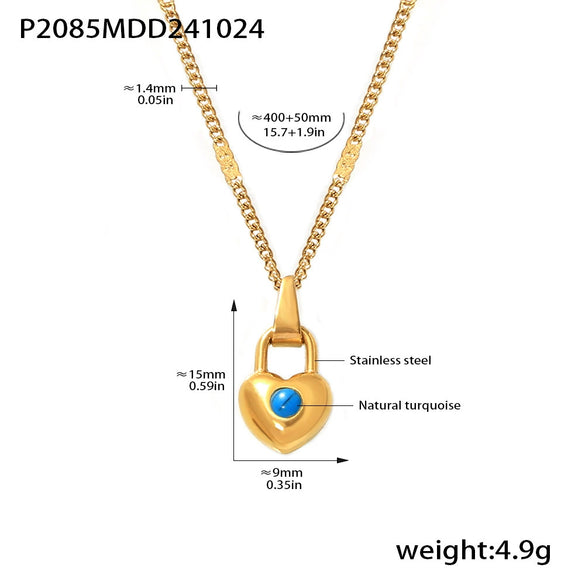 Wholesale Simple Love Lock Pendant Collarbone Stacked Necklace For Women Stainless Steel Blue Turquoise With Geometric Heart Pattern 18K Gold Plated