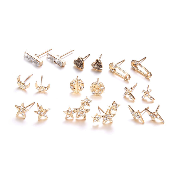 Wholesale Simple Love Star Moon Cross 9 Piece Set Earrings Metal Electroplated Heart Shaped Jewelry