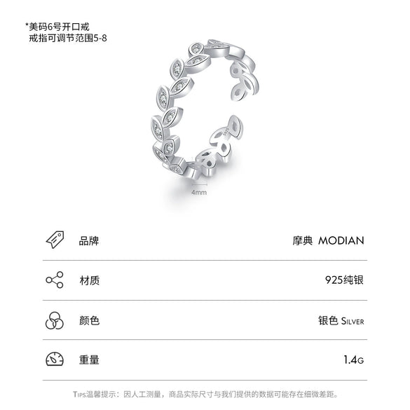 Wholesale Simple Micro Inlaid Leaves Open Ring S925 Sterling Silver For Women
