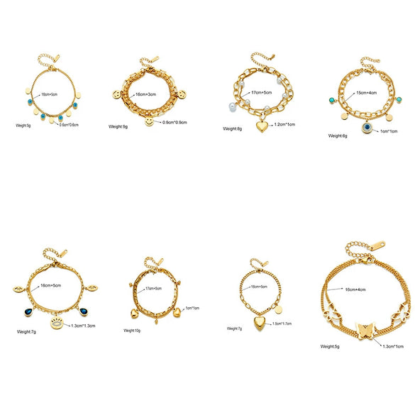 Wholesale Simple Multi Layer Chain Love Circle Smiley Face Butterfly Eye Pendant Titanium Steel Bracelet With Electroplating For Women
