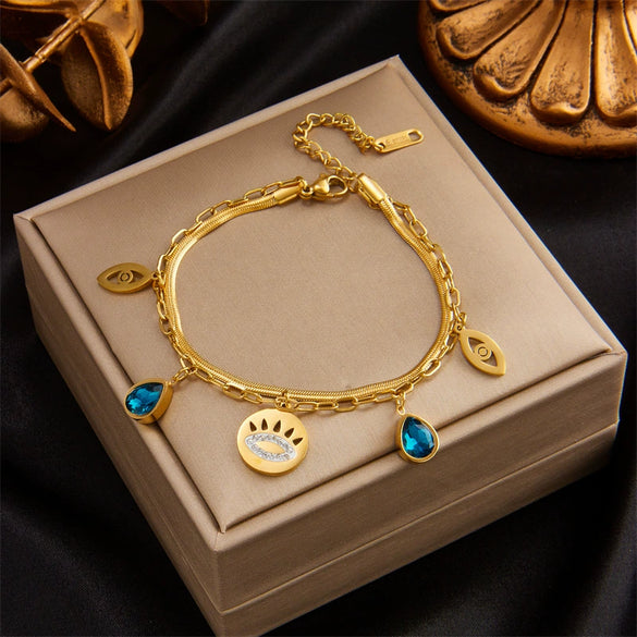 Wholesale Simple Multi Layer Chain Love Circle Smiley Face Butterfly Eye Pendant Titanium Steel Bracelet With Electroplating For Women