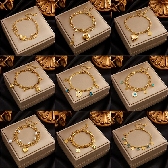 Wholesale Simple Multi Layer Chain Love Circle Smiley Face Butterfly Eye Pendant Titanium Steel Bracelet With Electroplating For Women