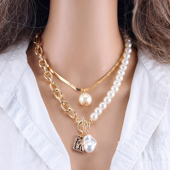 Wholesale Simple Multilayer Metal Chain Imitation Baroque Pearl Alloy Pendant Necklace With Geometric Pattern And Electroplating For Women