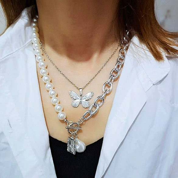 Wholesale Simple Multilayer Metal Chain Imitation Baroque Pearl Alloy Pendant Necklace With Geometric Pattern And Electroplating For Women