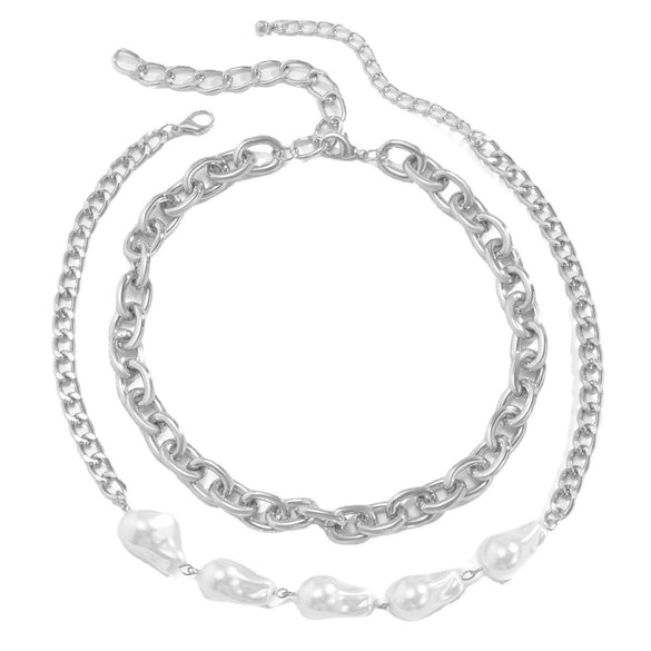 Wholesale Simple Multilayer Metal Chain Imitation Baroque Pearl Alloy Pendant Necklace With Geometric Pattern And Electroplating For Women