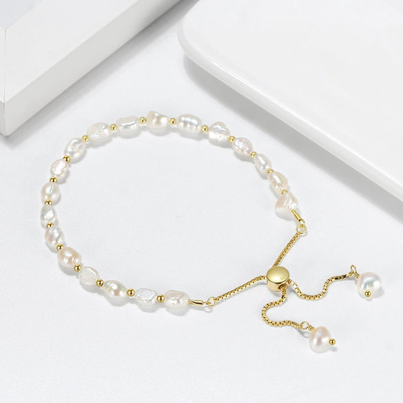 Wholesale Simple Natural Women's S925 Sterling Silver Bracelet With Freshwater Pearl And Electroplating Treatment