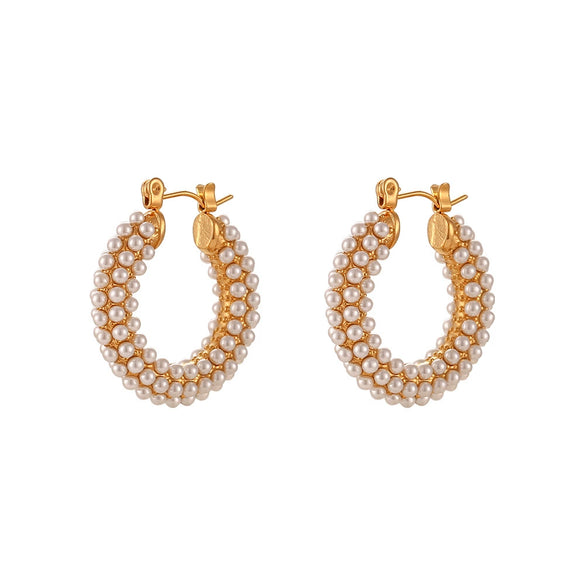 Wholesale Simple Niche Light Luxury Stainless Steel 18K Gold Plated Full Pearl Earrings For Women With Geometric Design And Electroplating Process
