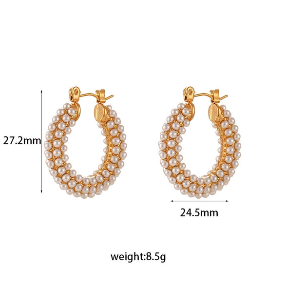 Wholesale Simple Niche Light Luxury Stainless Steel 18K Gold Plated Full Pearl Earrings For Women With Geometric Design And Electroplating Process
