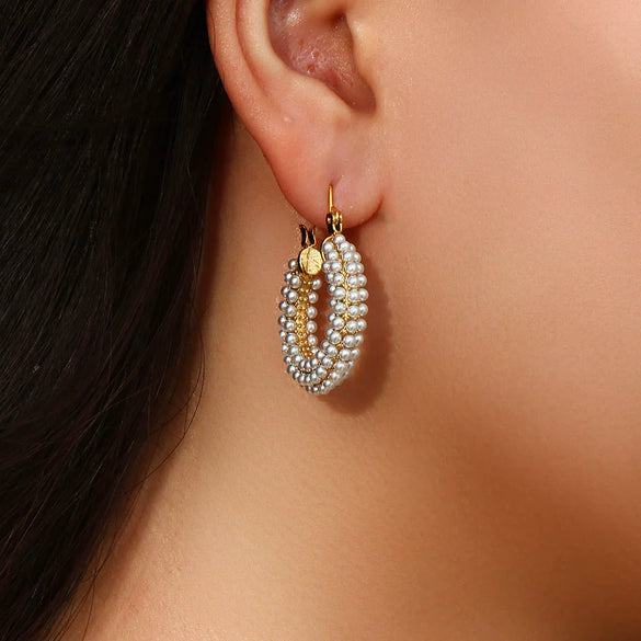 Wholesale Simple Niche Light Luxury Stainless Steel 18K Gold Plated Full Pearl Earrings For Women With Geometric Design And Electroplating Process