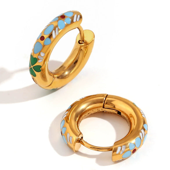Wholesale Simple Niche Personality Women's Stainless Steel Earrings With Oil Dropping Clover Flower Design And 18K Electroplated Finish