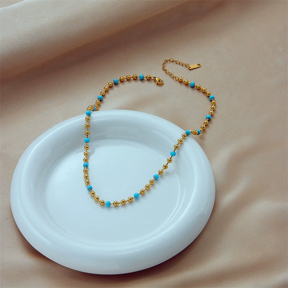Wholesale Simple Personality Gold Beads Titanium Steel Geometric Beaded Woven Vintage Round Beads Chain Necklace With Electroplating