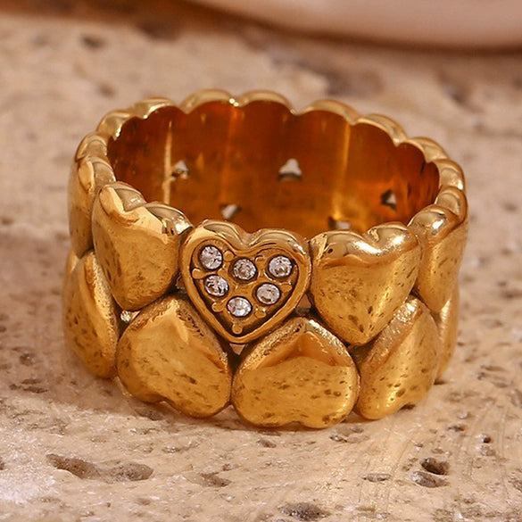 Wholesale Simple Personality Wide Surface Double Layer Peach Heart Ring For Women Stainless Steel 18K Gold Plated Electroplated