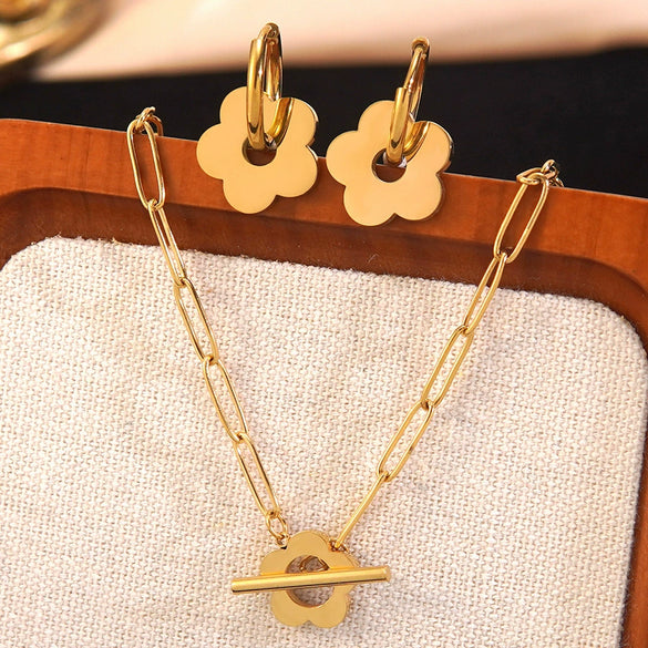 Wholesale Simple Plants And Flowers Electroplated Stainless Steel Earrings And Necklace Set For Women