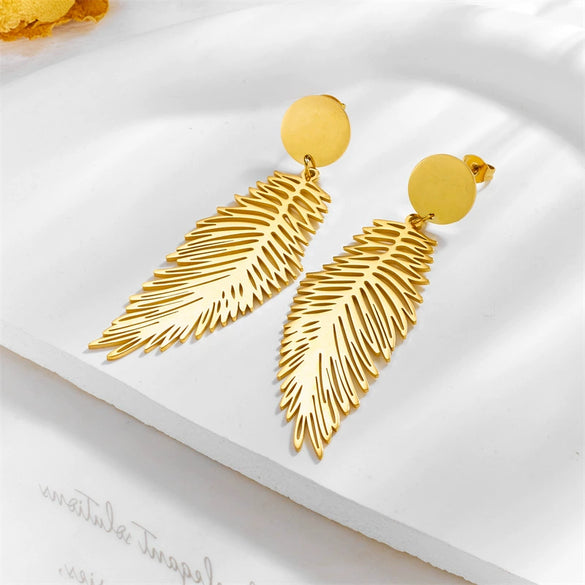 Wholesale Simple Retro Cold Style Titanium Steel Long Exaggerated Feather Pendant Earrings With Geometric Pattern And Electroplating Treatment