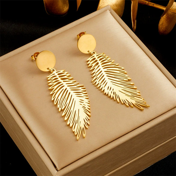 Wholesale Simple Retro Cold Style Titanium Steel Long Exaggerated Feather Pendant Earrings With Geometric Pattern And Electroplating Treatment