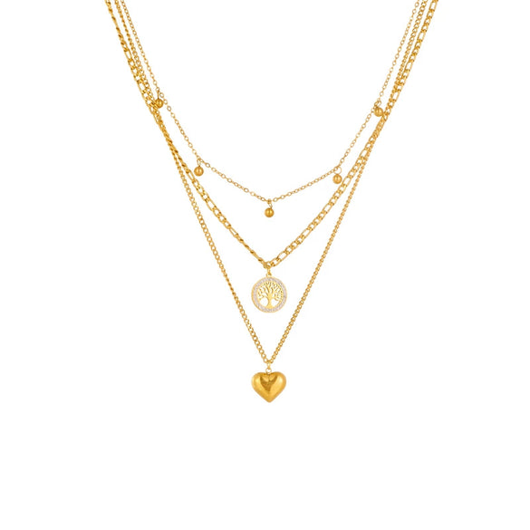 Wholesale Simple Retro Multi Layer Chain Love Round Pendant Necklace In Titanium Steel With Geometric Pattern And Electroplating