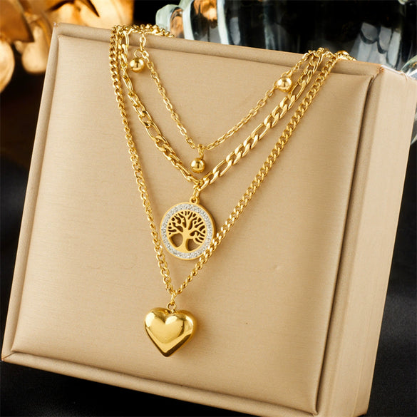 Wholesale Simple Retro Multi Layer Chain Love Round Pendant Necklace In Titanium Steel With Geometric Pattern And Electroplating