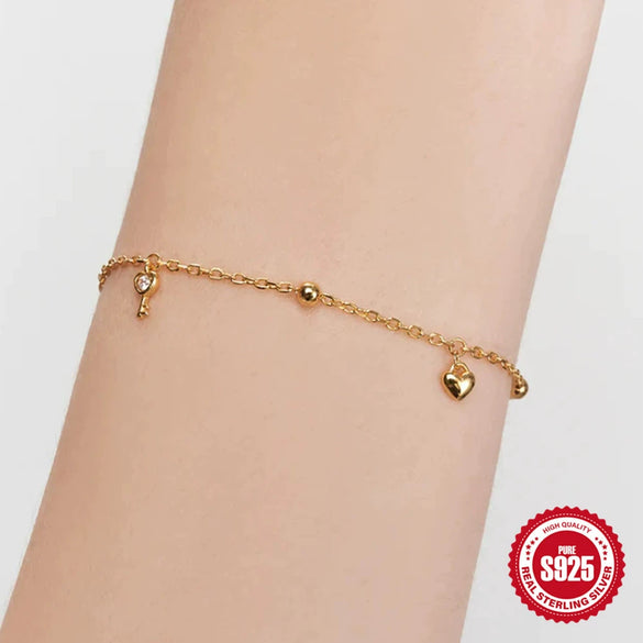 Wholesale Simple S925 Sterling Silver Love Key Geometric Fashion Bracelet With Inlaid Zircon For Women
