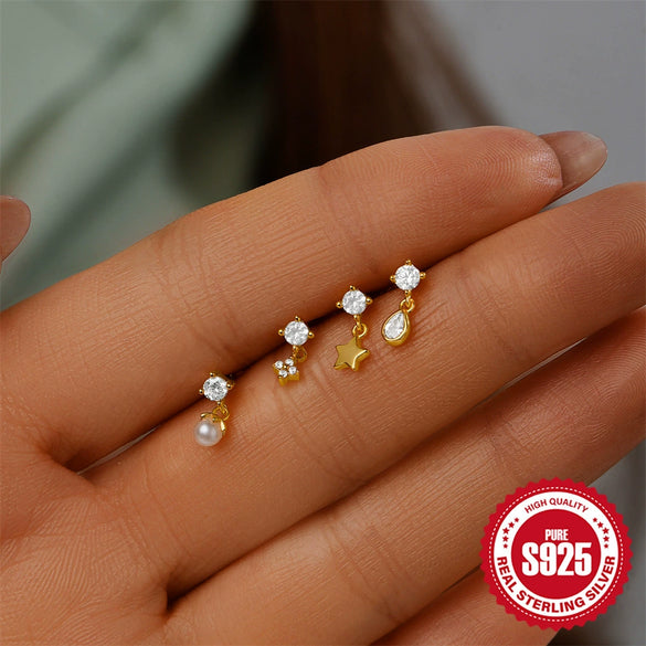 Wholesale Simple S925 Sterling Silver Personality Star Pearl Water Drop Inlaid Zircon Flat Head Thread Piercing Ear Bone Nail