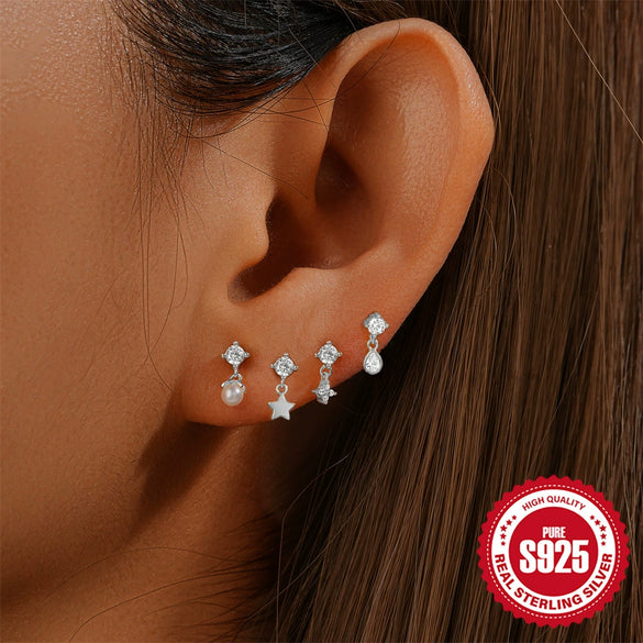 Wholesale Simple S925 Sterling Silver Personality Star Pearl Water Drop Inlaid Zircon Flat Head Thread Piercing Ear Bone Nail
