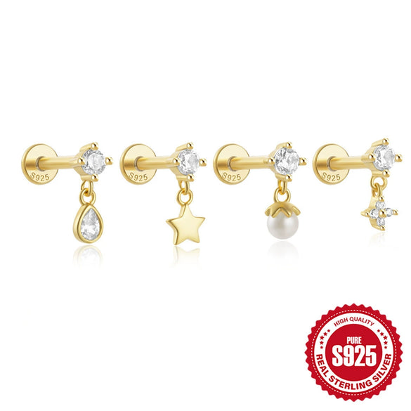 Wholesale Simple S925 Sterling Silver Personality Star Pearl Water Drop Inlaid Zircon Flat Head Thread Piercing Ear Bone Nail