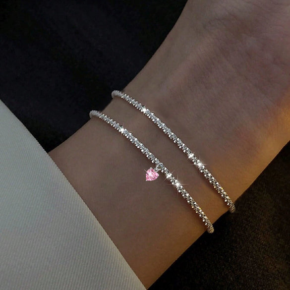 Wholesale Simple Sparkling Love Zircon Heart Pendant Bracelet Set In Alloy With Electroplating For Women
