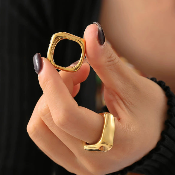 Wholesale Simple Square Geometric Stainless Steel Pvd Plated 18K Gold Vintage Ring Jewelry For Women