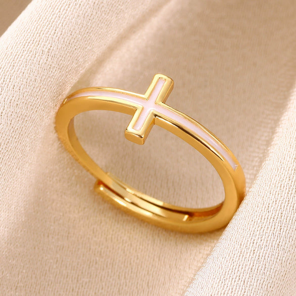 Wholesale Simple Stainless Steel Electroplated Cross Opening Adjustable Ring For Women And Unisex