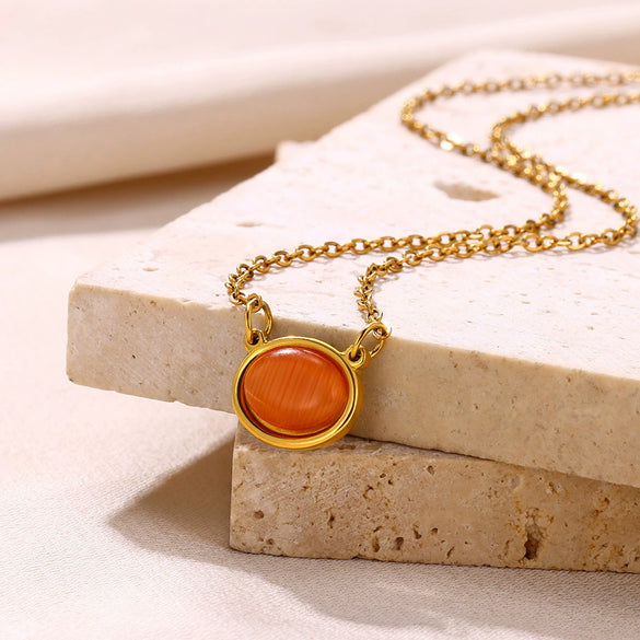 Wholesale Simple Stainless Steel Geometric Opal Oval Women's Clavicle Necklace With Electroplating