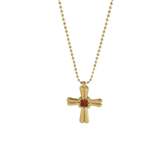 Wholesale Simple Stainless Steel Necklace With Cross And Red Birthstone Furnace Vacuum 18K Color Retention Electroplating