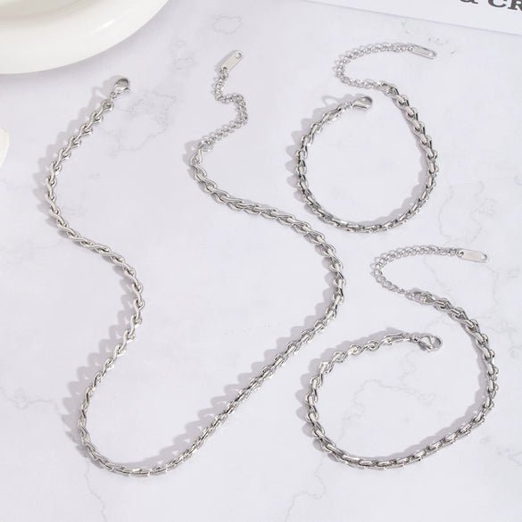 Wholesale Simple Stainless Steel Side Chain Necklace Bracelet Anklet Suit With Electric Polishing And Geometric Design