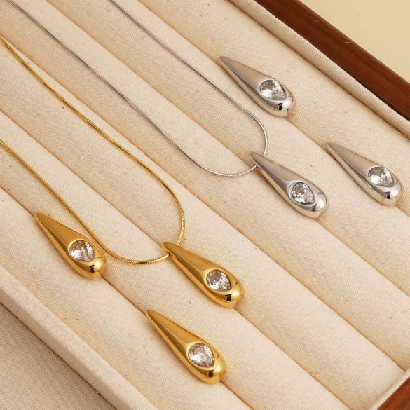 Wholesale Simple Stereo Water Drop Heart Bell Pattern Stainless Steel Titanium Steel Snake Bone Chain Necklace Earrings Set With Electroplating