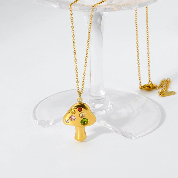 Wholesale Simple Style Colorful Zircon Mushroom Pendant Titanium Steel Necklace Electroplated With 18K Gold For Women