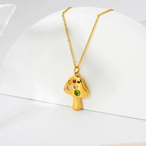 Wholesale Simple Style Colorful Zircon Mushroom Pendant Titanium Steel Necklace Electroplated With 18K Gold For Women