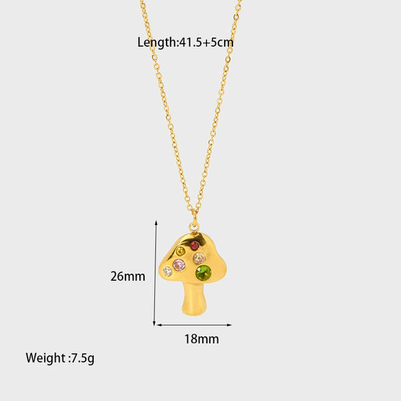 Wholesale Simple Style Colorful Zircon Mushroom Pendant Titanium Steel Necklace Electroplated With 18K Gold For Women