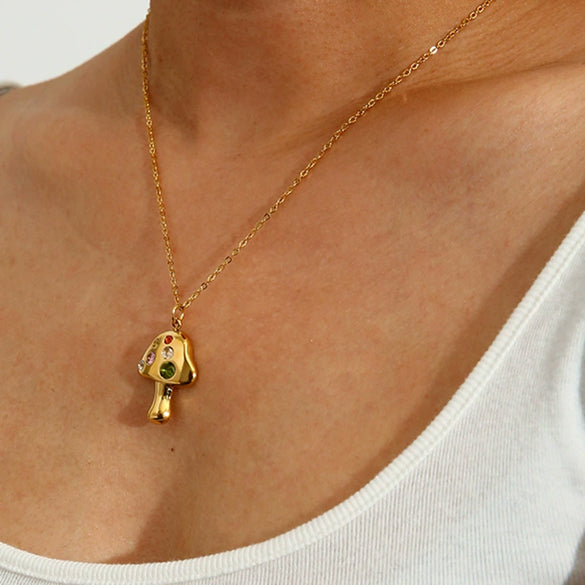 Wholesale Simple Style Colorful Zircon Mushroom Pendant Titanium Steel Necklace Electroplated With 18K Gold For Women